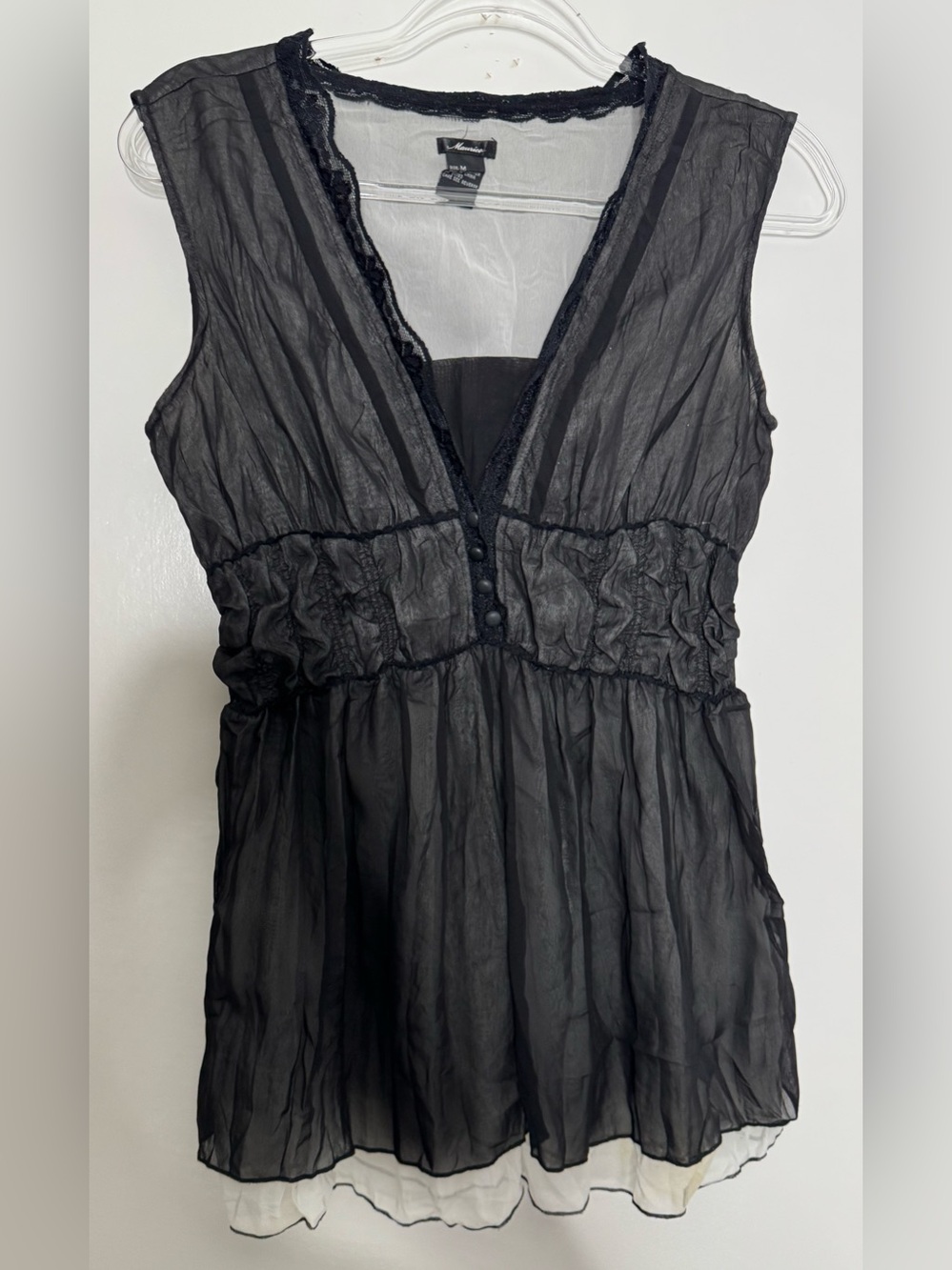 Maurices Sheer Black Lace-Trim Sleeveless V-Neck Camisole babydoll size MD